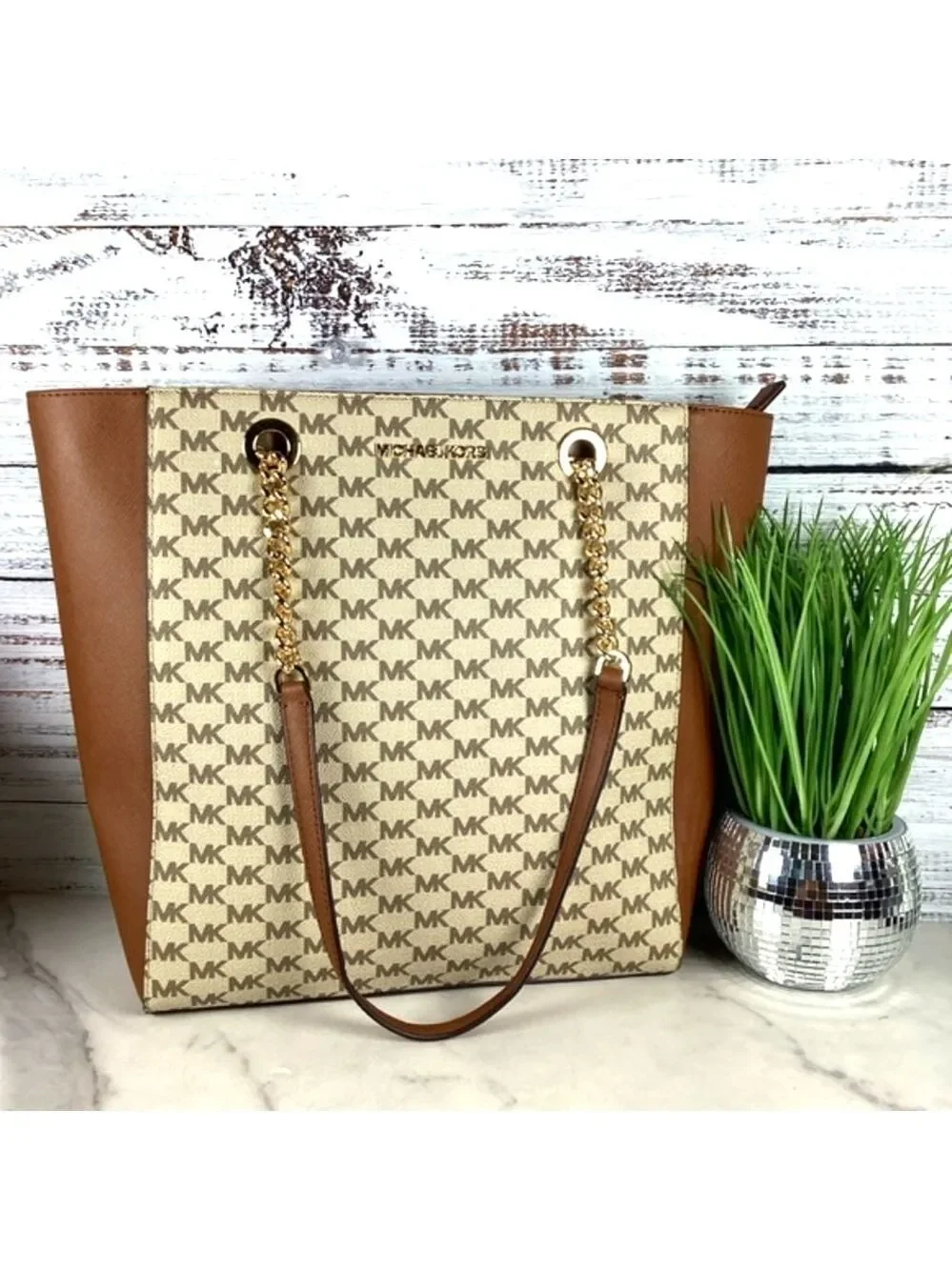 Michael‎ Kors Jet Set Chain Large work Tote Bag Brown tan signature laptop NWT